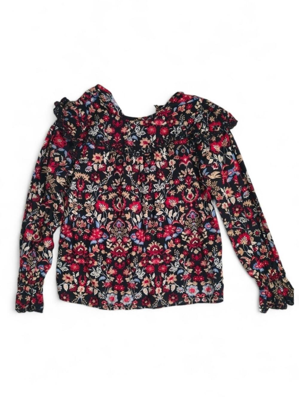 Loft Boho Dark Floral Cottagecore Lace Trim Whimsigoth Ruffle Blouse